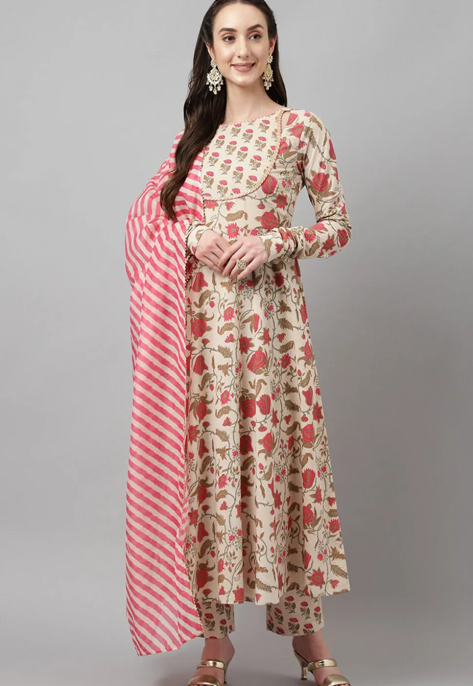 Digital Printed Cotton Anarkali Suit in Light Beige