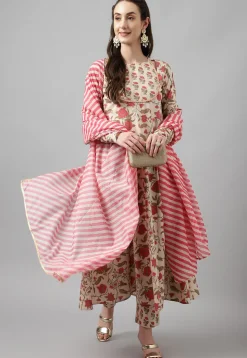 Digital Printed Cotton Anarkali Suit in Light Beige