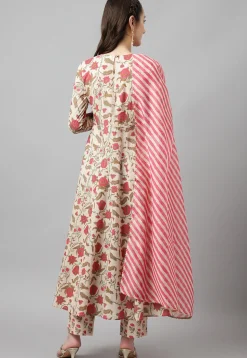 Digital Printed Cotton Anarkali Suit in Light Beige