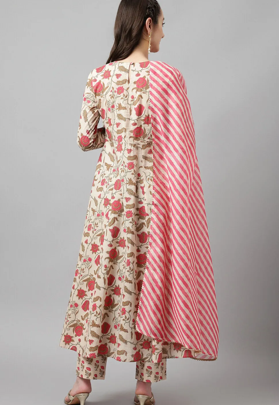 Digital Printed Cotton Anarkali Suit in Light Beige