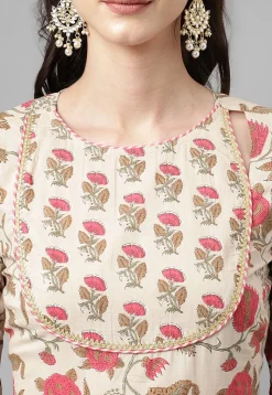 Digital Printed Cotton Anarkali Suit in Light Beige
