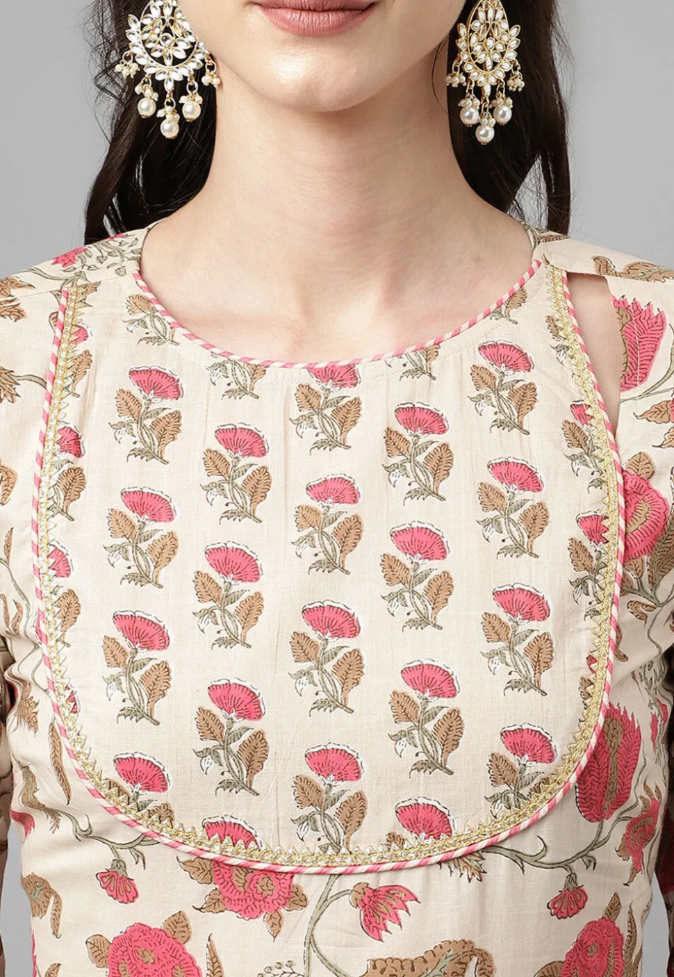 Digital Printed Cotton Anarkali Suit in Light Beige