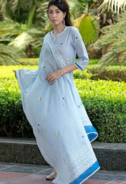 Digital Printed Cotton Cambric Punjabi Suit in Sky Blue