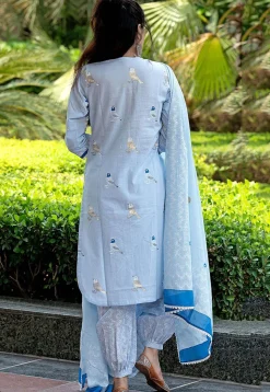 Digital Printed Cotton Cambric Punjabi Suit in Sky Blue