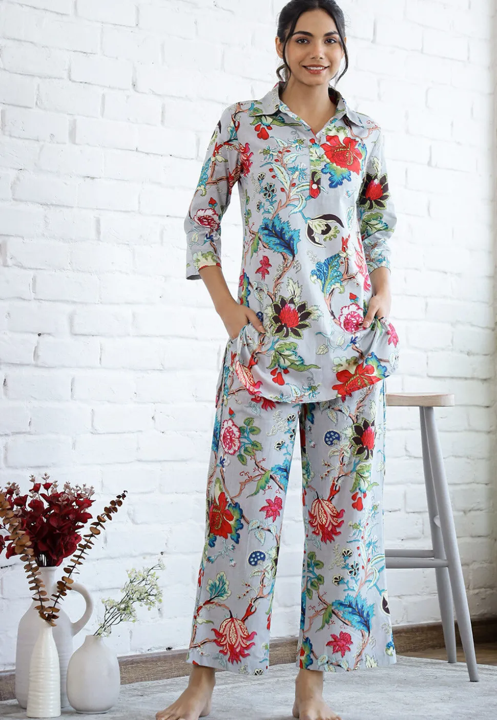 Digital Printed Cotton Co Ord Set in Light Grey