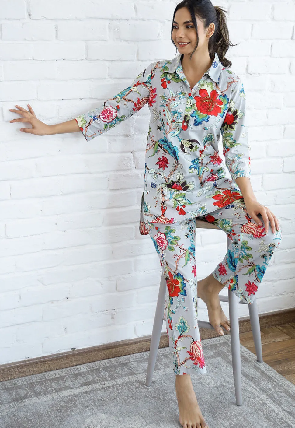 Digital Printed Cotton Co Ord Set in Light Grey
