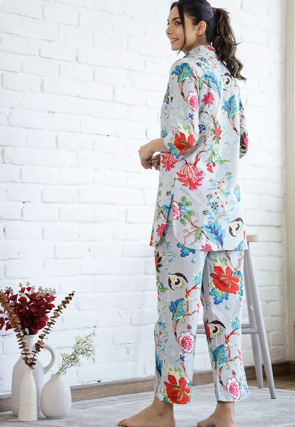 Digital Printed Cotton Co Ord Set in Light Grey