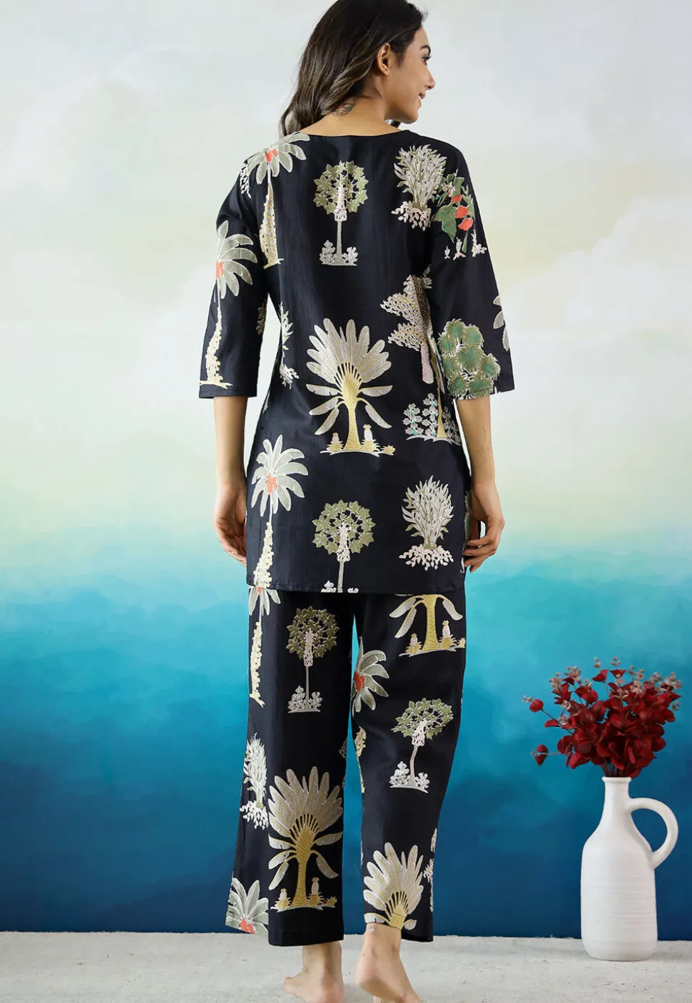 Digital Printed Cotton Co Ord Set in Black