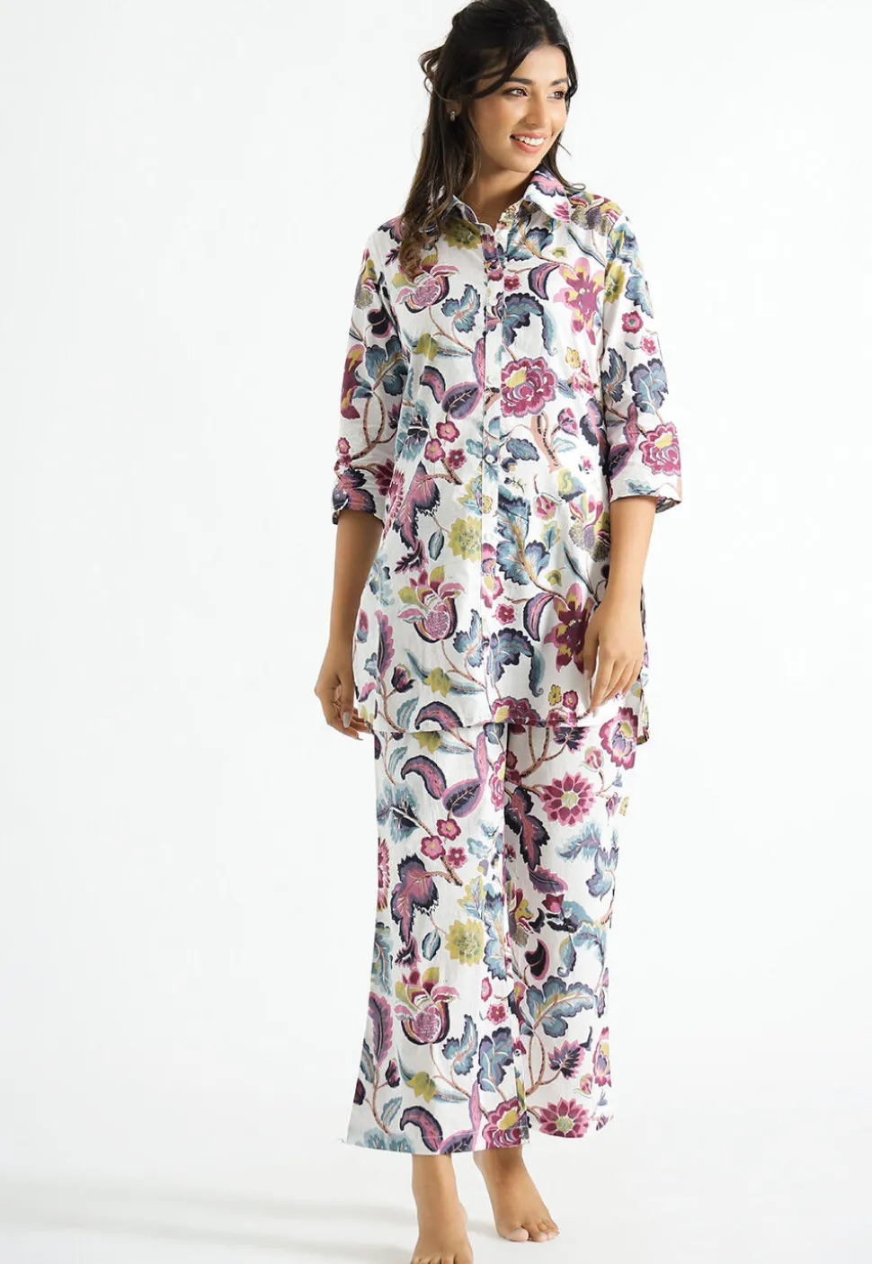 Digital Printed Cotton Co Ord Set in Off White
