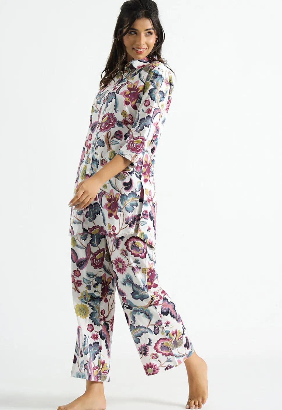 Digital Printed Cotton Co Ord Set in Off White
