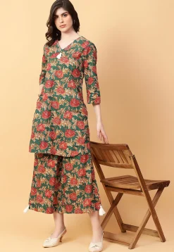 Digital Printed Cotton Co Ord Set in Dark Green