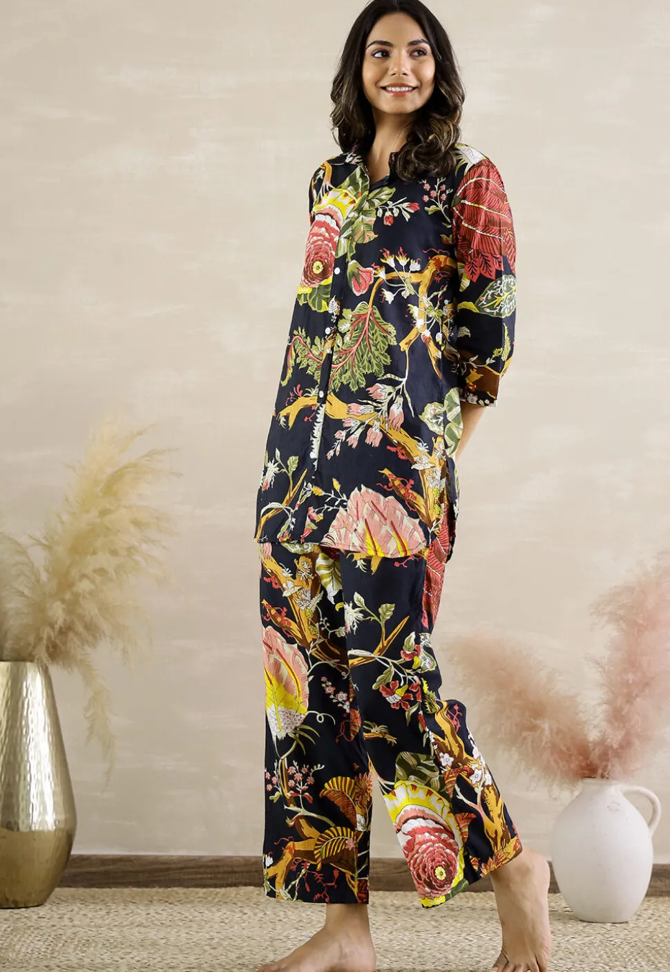 Digital Printed Cotton Co Ord Set in Black