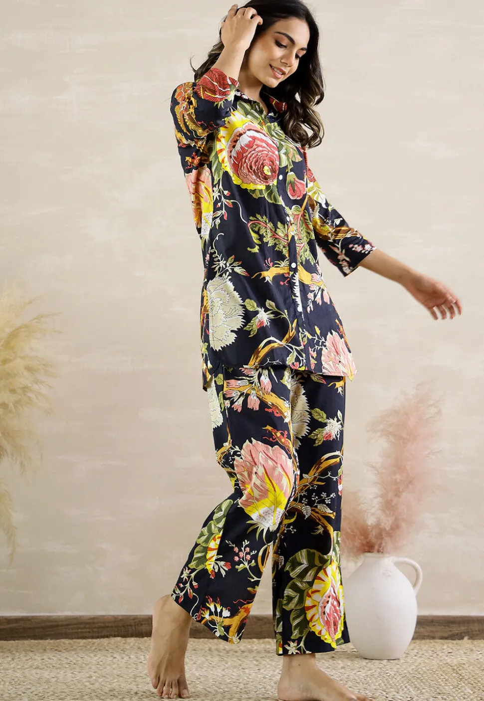 Digital Printed Cotton Co Ord Set in Black