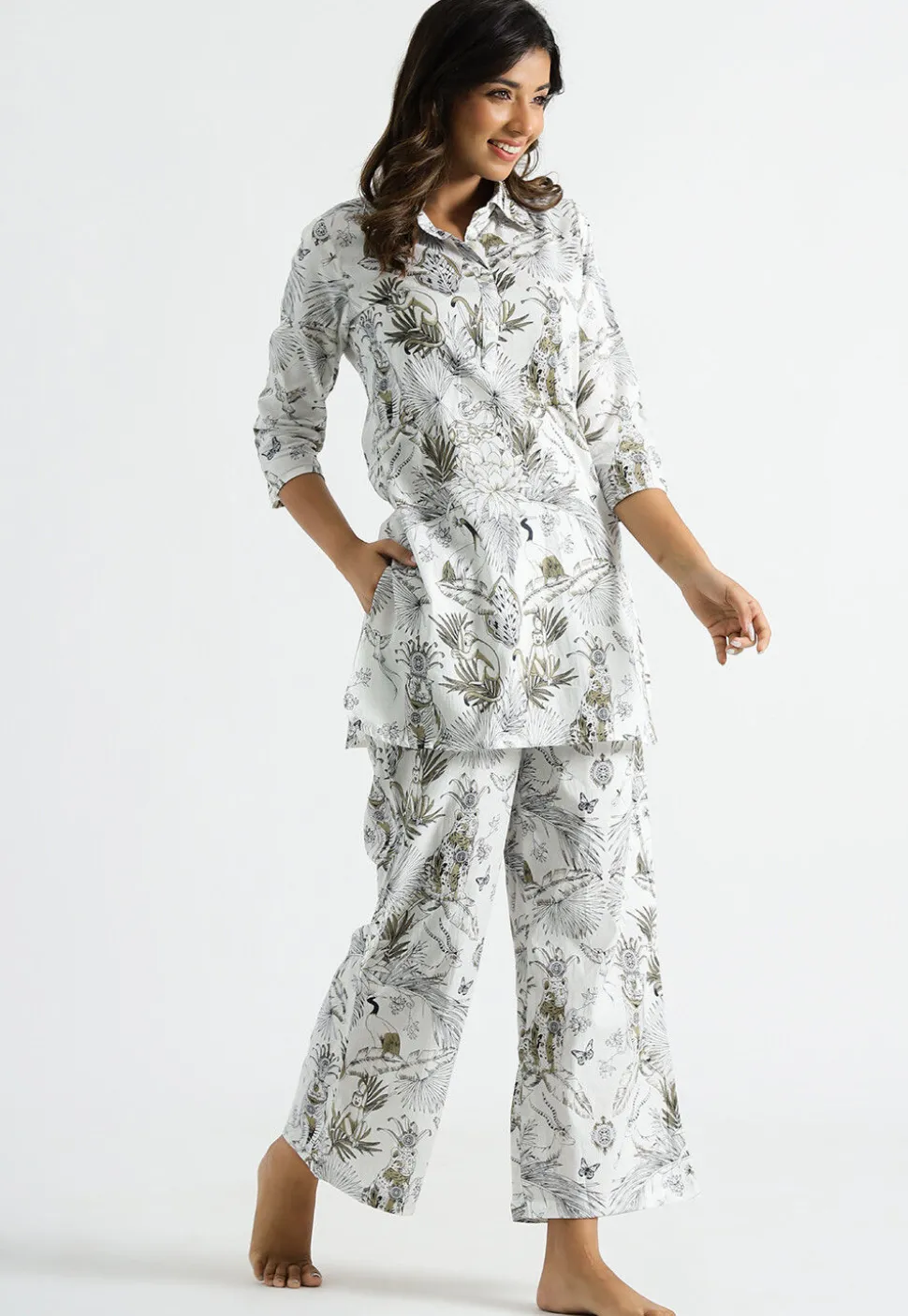 Digital Printed Cotton Co Ord Set in Off White