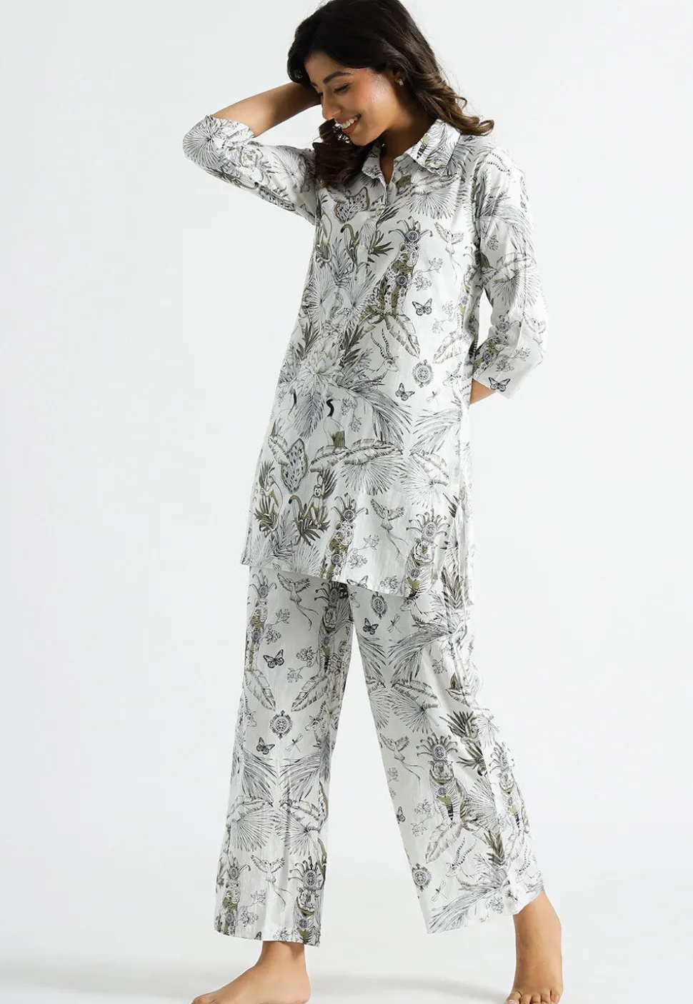 Digital Printed Cotton Co Ord Set in Off White