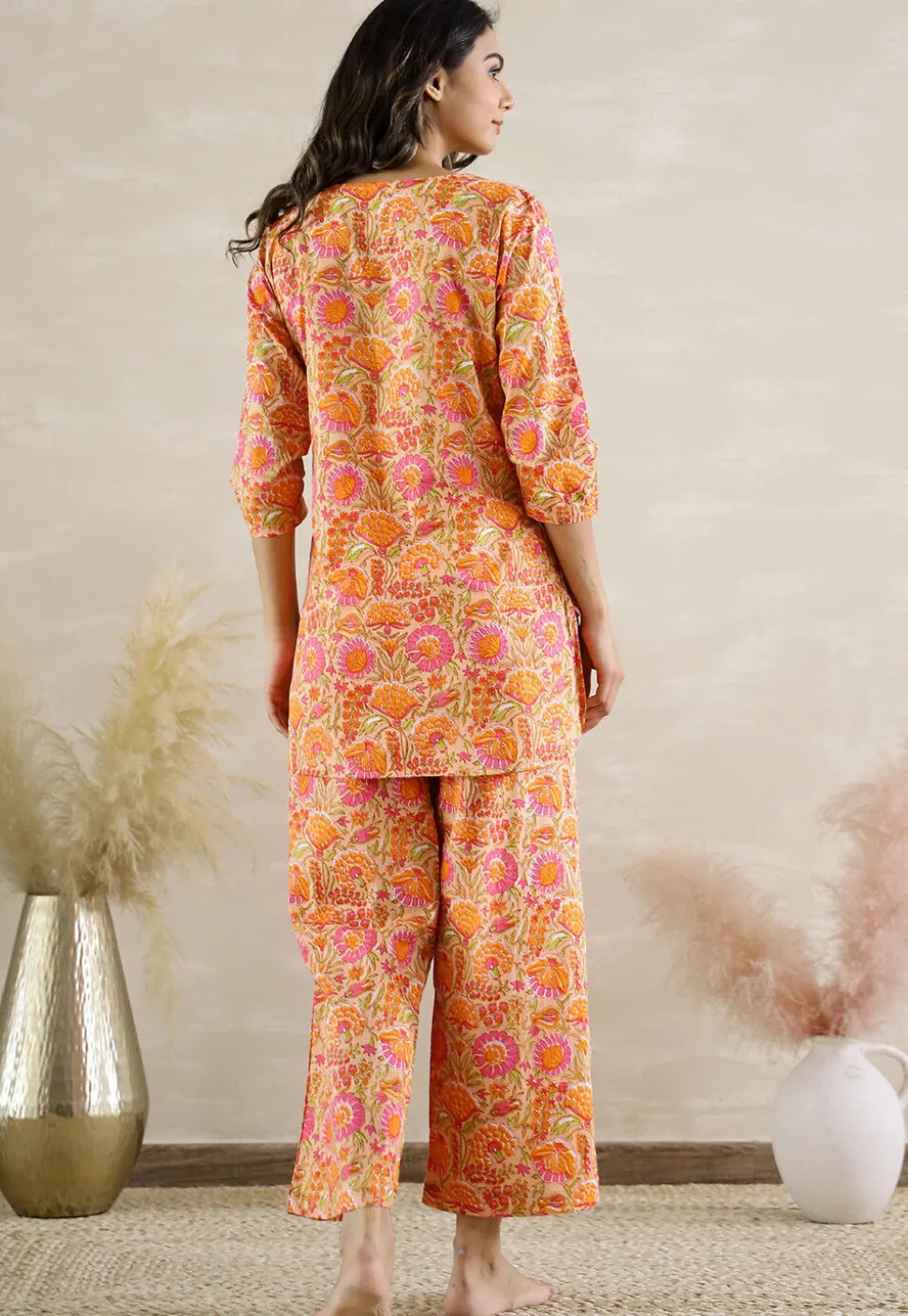 Digital Printed Cotton Co Ord Set in Light Orange