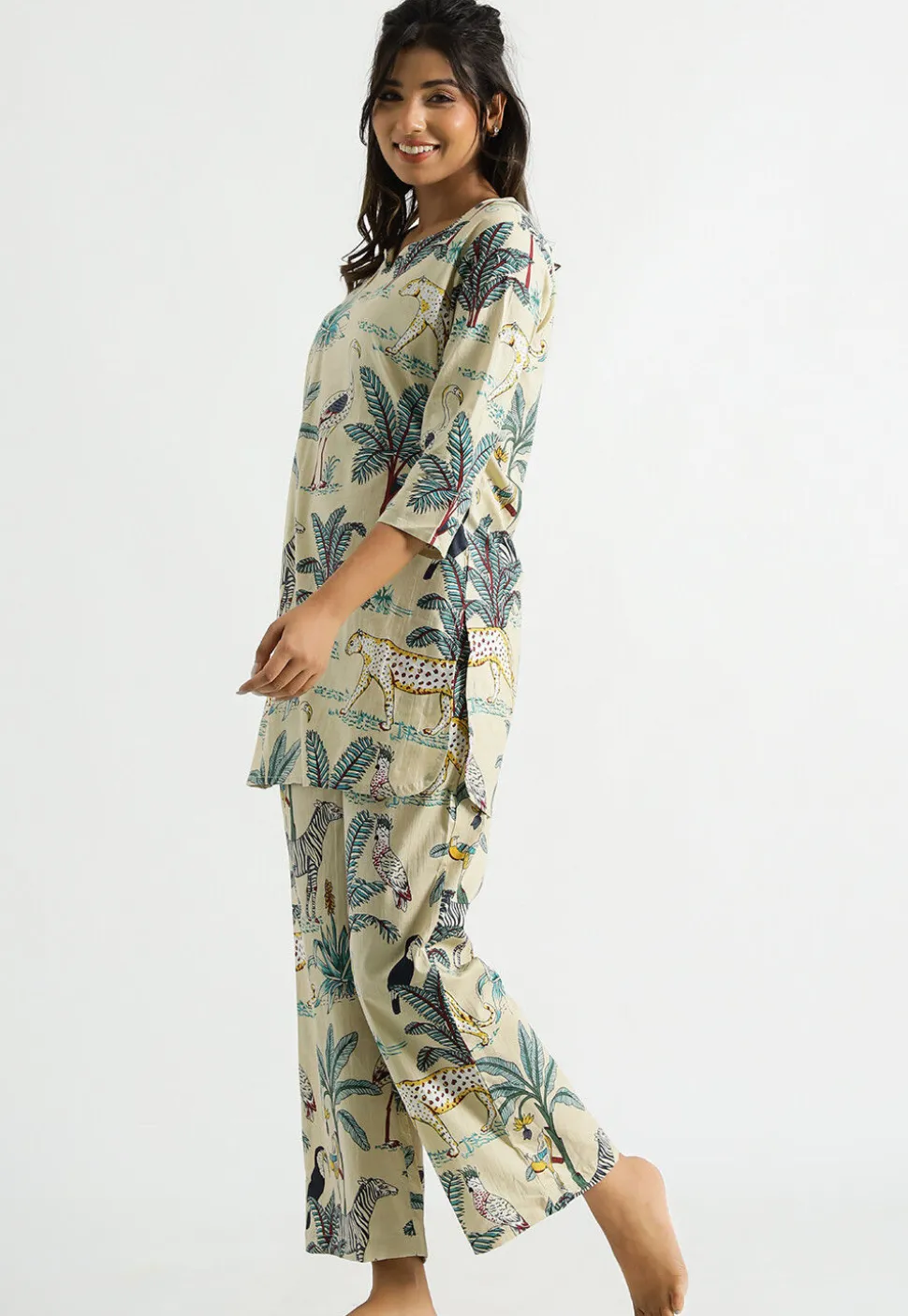 Digital Printed Cotton Co Ord Set in Light Beige
