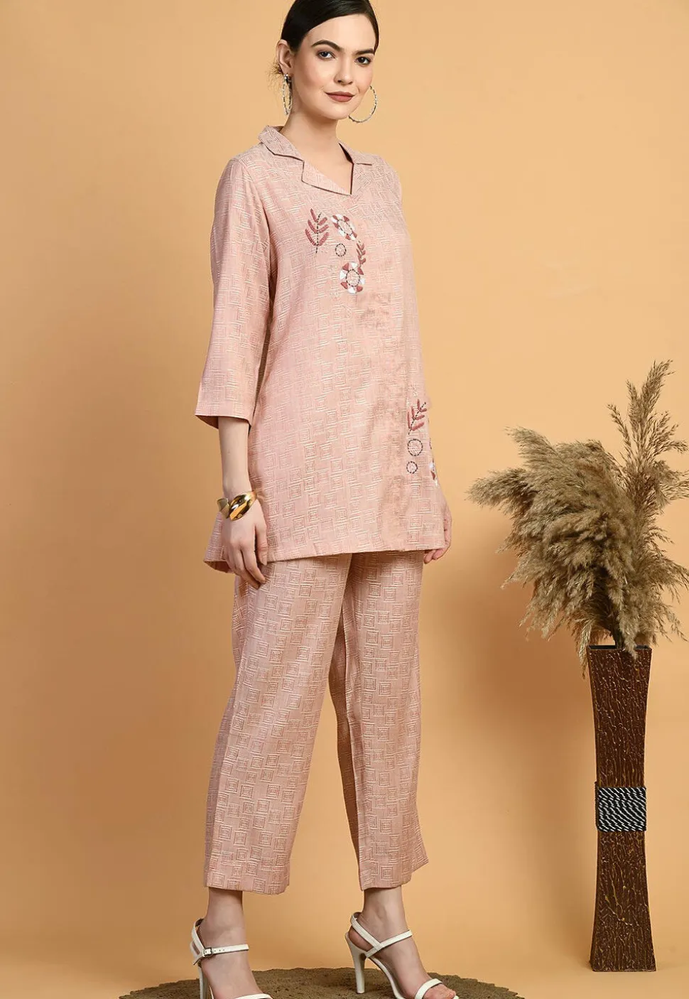 Digital Printed Cotton Co Ord Set in Peach