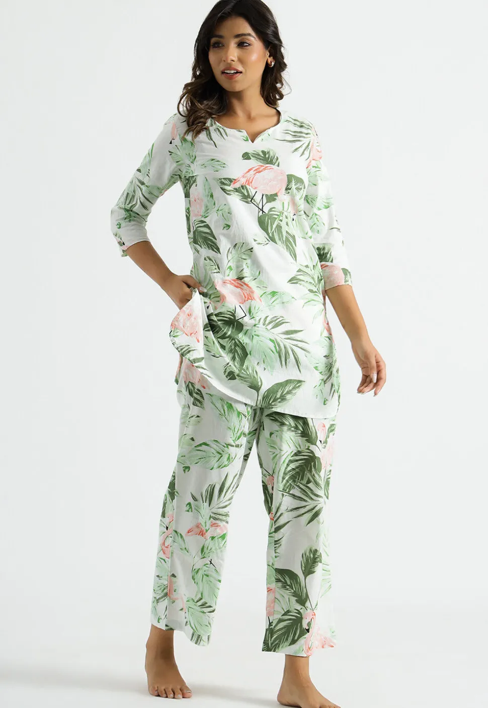 Digital Printed Cotton Co Ord Set in White