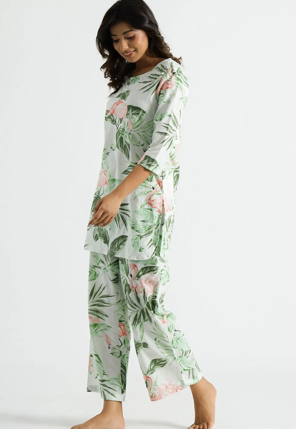 Digital Printed Cotton Co Ord Set in White