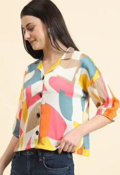 Digital Printed Cotton Crushed Top in Off White
