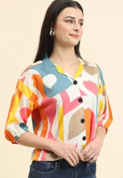 Digital Printed Cotton Crushed Top in Off White