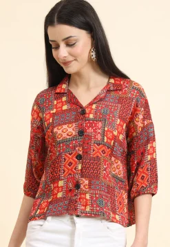 Digital Printed Cotton Crushed Top in Red