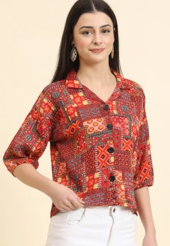 Digital Printed Cotton Crushed Top in Red