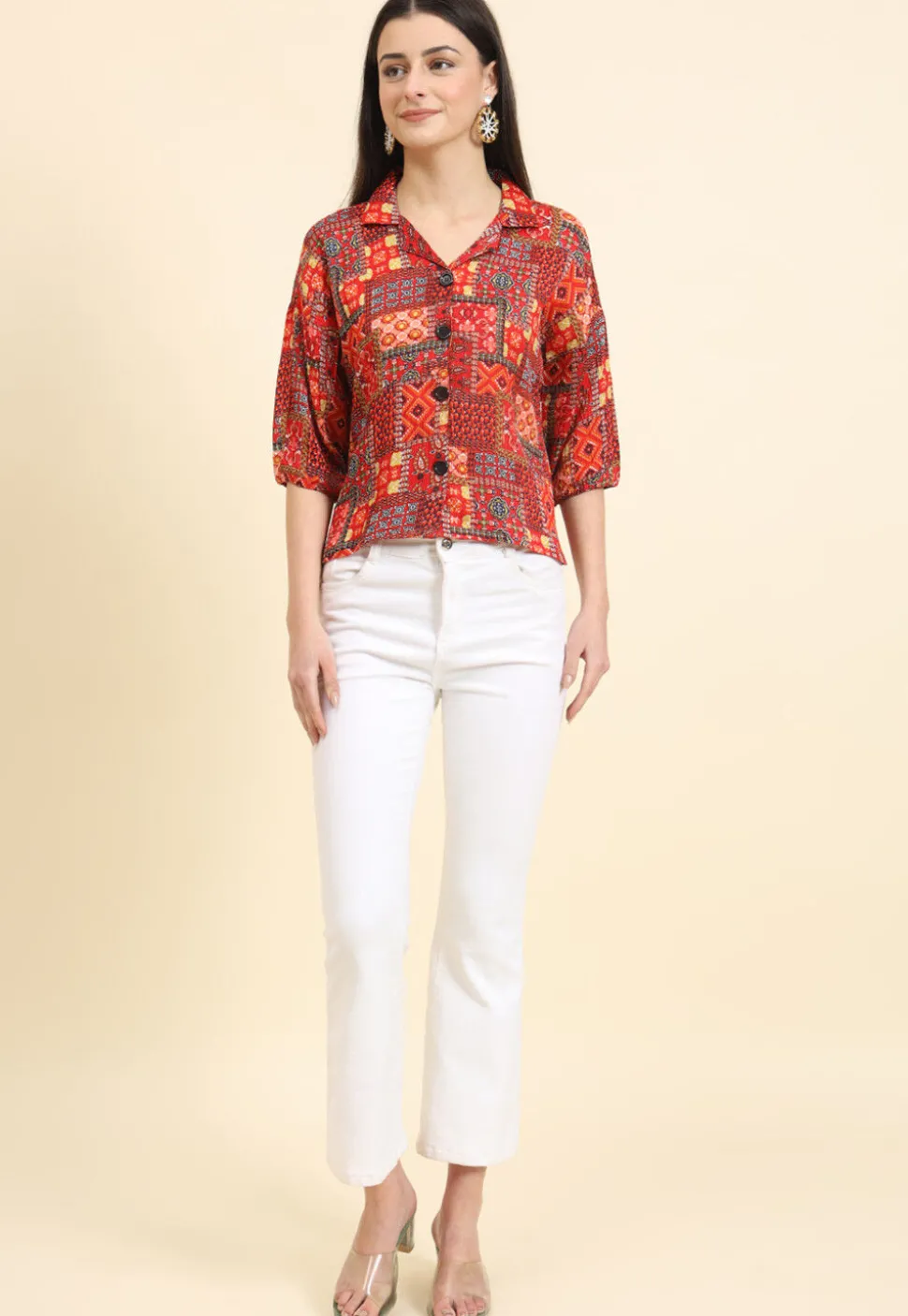 Digital Printed Cotton Crushed Top in Red