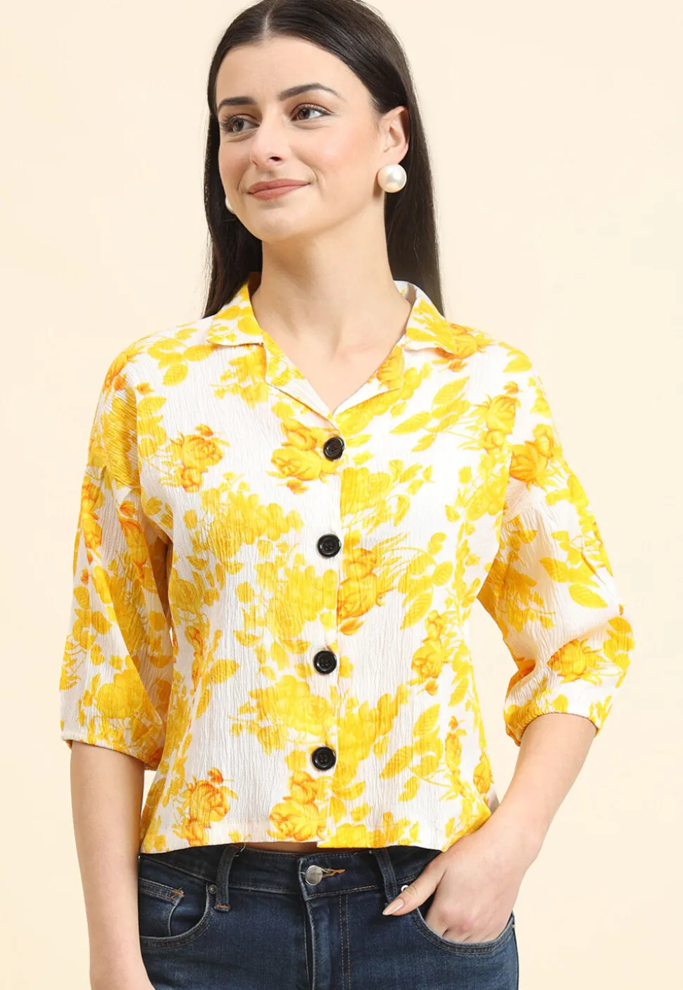 Digital Printed Cotton Crushed Top in Off White