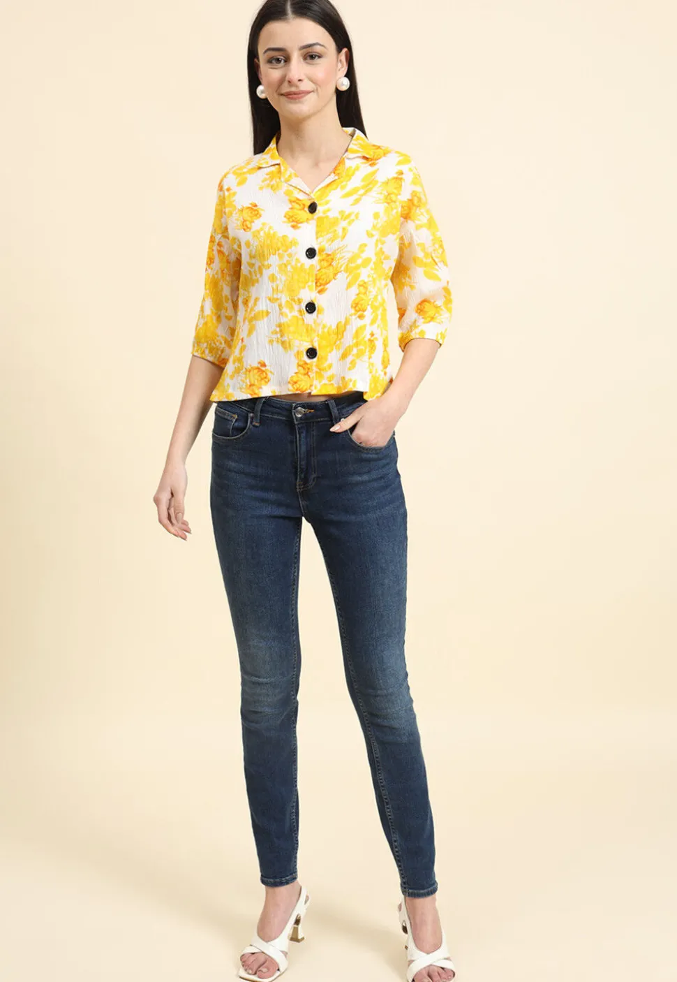 Digital Printed Cotton Crushed Top in Off White