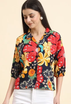 Digital Printed Cotton Crushed Top in Navy Blue