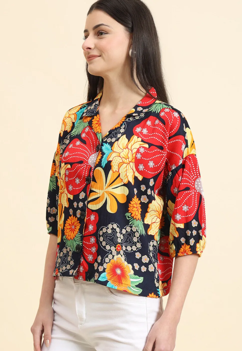 Digital Printed Cotton Crushed Top in Navy Blue