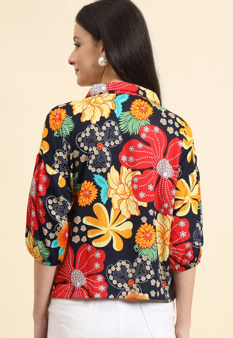 Digital Printed Cotton Crushed Top in Navy Blue