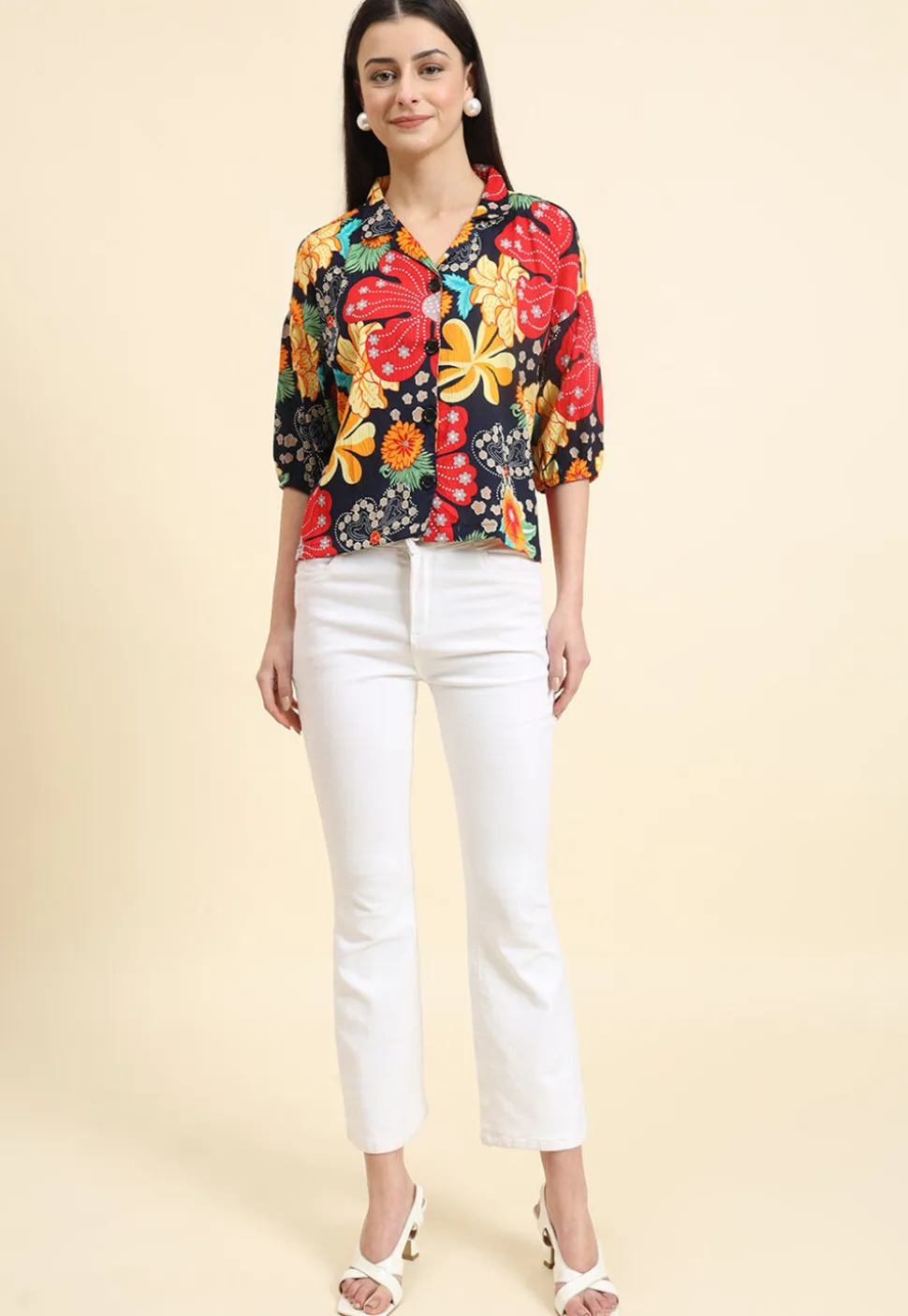 Digital Printed Cotton Crushed Top in Navy Blue