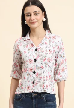Digital Printed Cotton Crushed Top in Off White