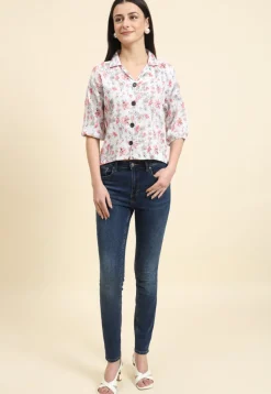 Digital Printed Cotton Crushed Top in Off White