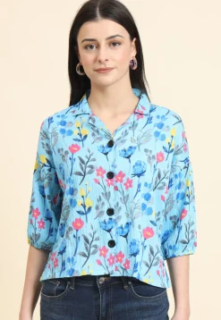 Digital Printed Cotton Crushed Top in Sky Blue