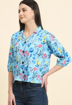 Digital Printed Cotton Crushed Top in Sky Blue