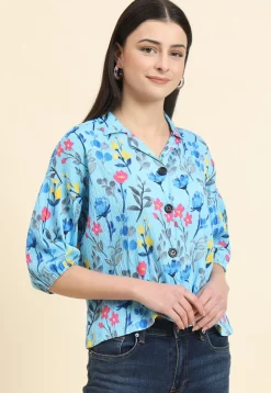 Digital Printed Cotton Crushed Top in Sky Blue