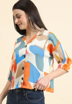 Digital Printed Cotton Crushed Top in Off White