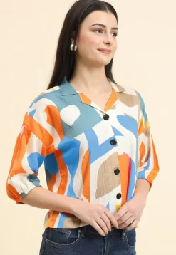 Digital Printed Cotton Crushed Top in Off White