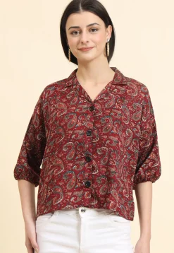 Digital Printed Cotton Crushed Top in Maroon