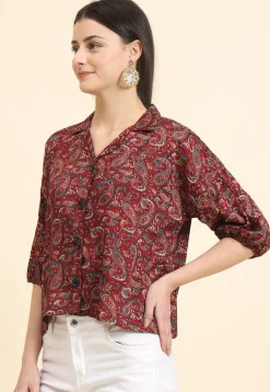 Digital Printed Cotton Crushed Top in Maroon
