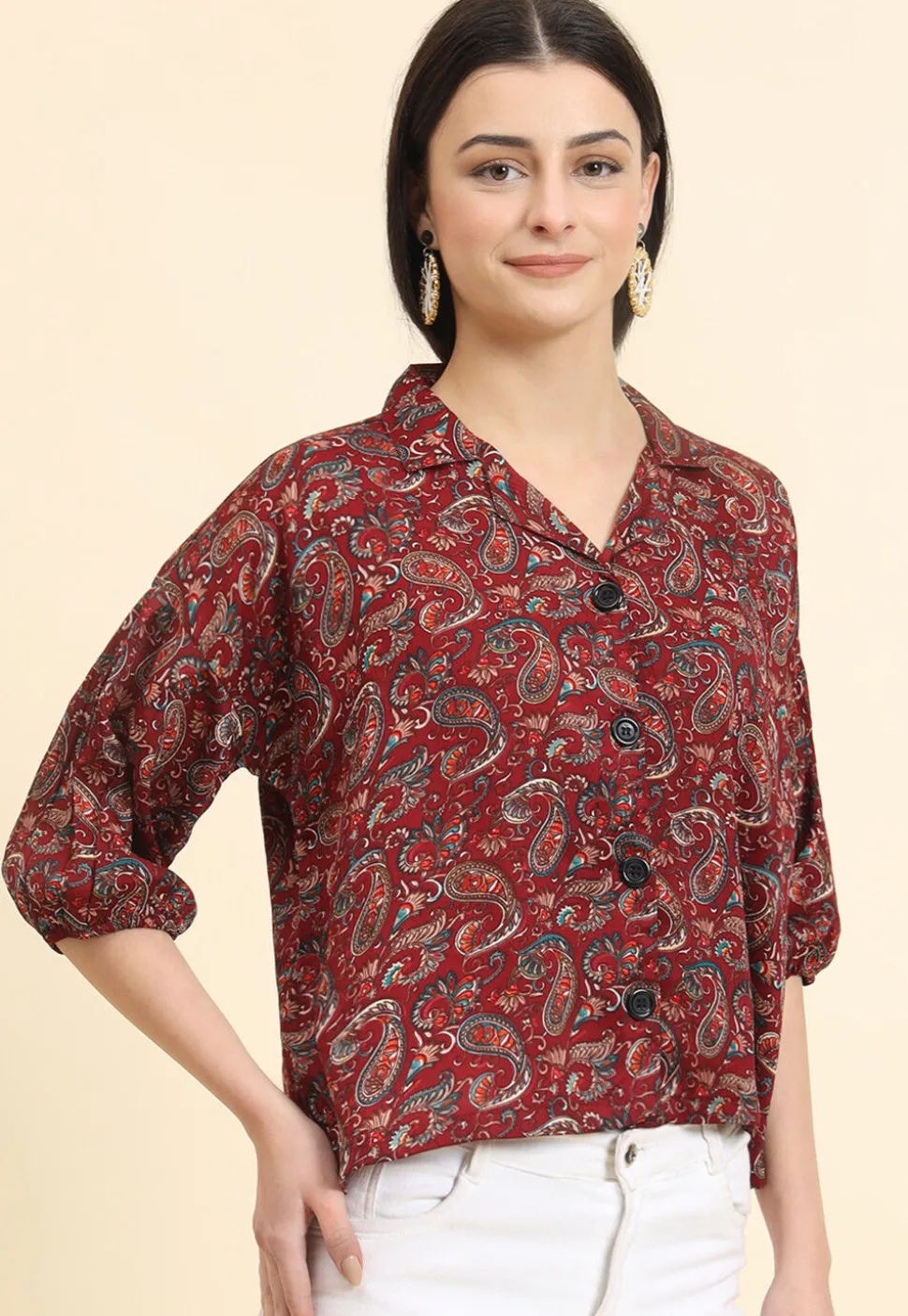 Digital Printed Cotton Crushed Top in Maroon