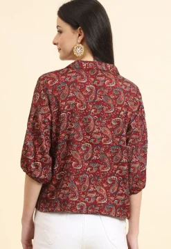 Digital Printed Cotton Crushed Top in Maroon
