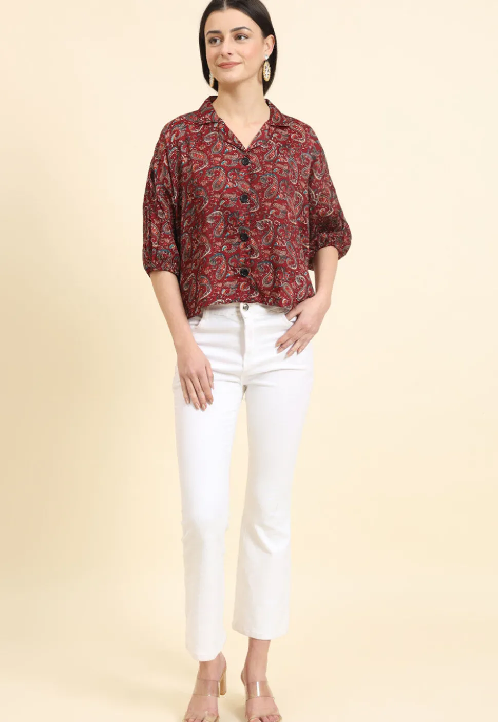 Digital Printed Cotton Crushed Top in Maroon