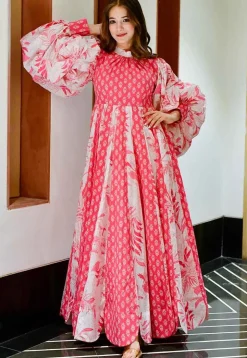 Digital Printed Cotton Flared Gown in Off White and Pink