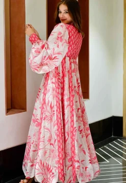 Digital Printed Cotton Flared Gown in Off White and Pink