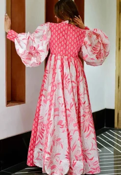Digital Printed Cotton Flared Gown in Off White and Pink